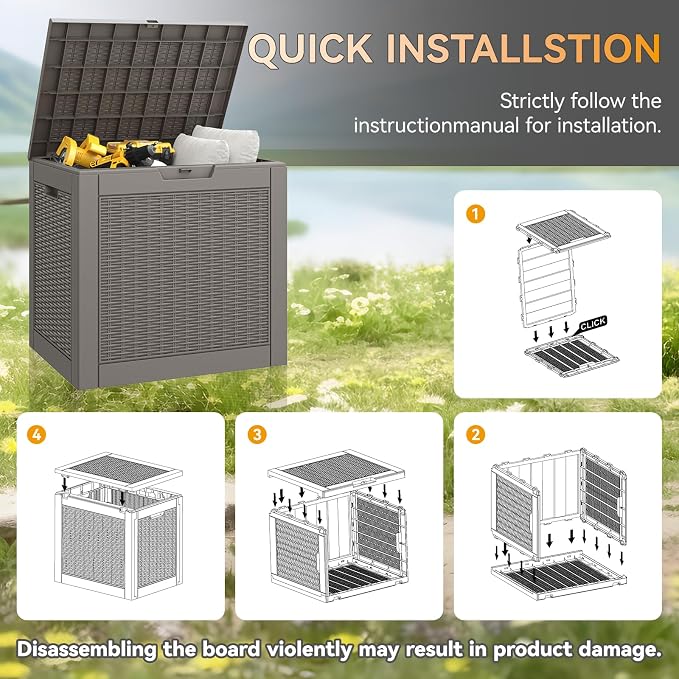 29 Gallon Outdoor Storage Box, Resin Deck Boxes Indoor and outdoor, Waterproof Storage Box Lockable Lid for Garden Tools, Package Delivery, Pool Supplies, Patio Cushions, Grey
