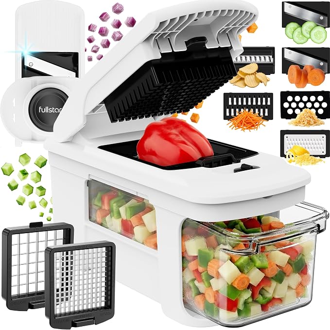 Fullstar XL Vegetable Chopper & Mandoline Slicer – Vegetable, Onion, Potato, Food, Veggie & Fruit Slicer, Dicer & Spiralizer with Pull-Out Catch Tray, Kitchen Gadgets & Gifts (8 in 1, Black/White)