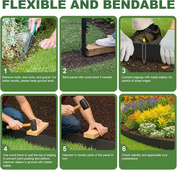 Metal Landscape Edging Border 10 Packs 42'' L x 4.5'' H, Galvanized Steel Garden Edging Border with 10 Stakes, Hammer-in Lawn Edging for Landscaping, Flower Bed, Yard, Pathway, Tree Ring (35ft Total)