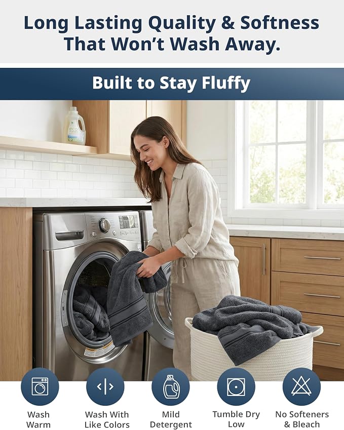 LANE LINEN Towel Set Soft Absorbent Quick Dry 100% Cotton - Cool Grey | Cotton Bath Towels - Lightweight & Breathable, Fade-Resistant Color, Classic Terry Weave, Densely Woven, Coordinated Colors