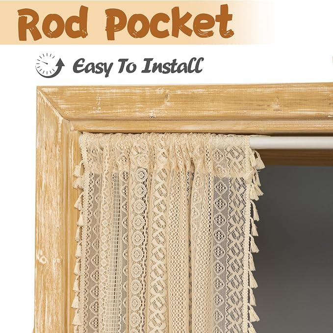 Sutuo Home Boho Doorway Curtains for Closet Patio, Lace Sheer Door Curtains for Doorway Crochet Vintage Chic Tassels Bohemian Temporary Room Divider Privacy Rustic Geometry Rod Pocket, 37" x 80" Beige