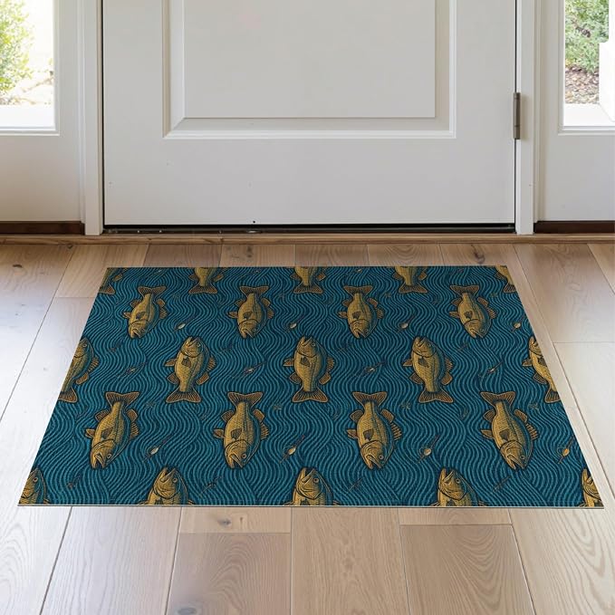 2'x3' Washable Area Rug Bass Sporting Tackle Lure Wave Motif Border Angler Fish Fishing Refined for Entryway, Kitchen, Laundry Room, Stain Resistant Thin Throw