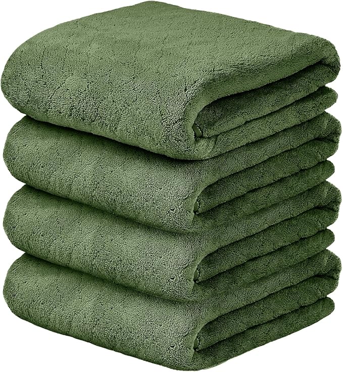JML Pack of 4 Large Bath Towels, 30"x60", Olive-Green | Hanging Loop, Super Soft, Absorbent, Lint Free, Fade Resistant, Lightweight, Quick Dry, Use for SPA , Sauna, Salon Hair Wrap