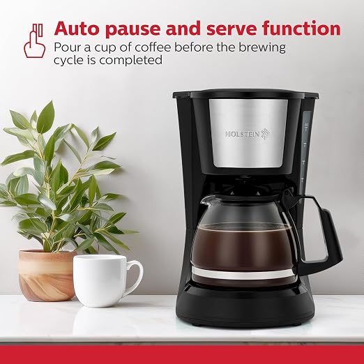 Holstein Housewares 5 Cup Drip Coffee Maker – Compact and User-Friendly with Auto Pause & Serve, Reusable Filter, Measuring Spoon & Glass Carafe, Office & Dorm Use, Black