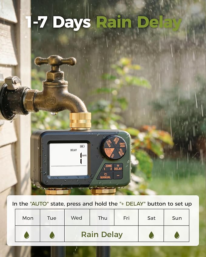 Diivoo Brass Sprinkler Timer 2 Zone, IP66 Waterproof Programmable Water Hose Timer 2 Outlet with Large Display, Rain Delay & Manual Watering for Outdoor Automatic Irrigation of Garden, Lawn, Yard