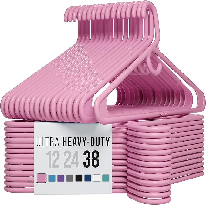 NEATERIZE Thick Heavy Duty Hangers - Pink Plastic Clothes Hangers 38 Pack - Great for Coat Hanger, Jackets Jeans & Suit Hanger for Closet - New Apartment Essentials Percheros Ganchos para Colgar Ropa