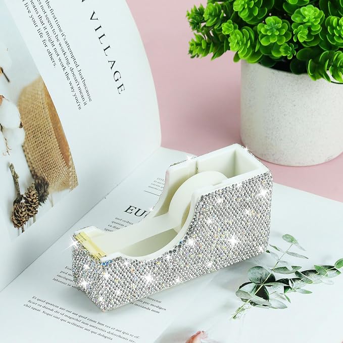 Buqoo 2 PCS Bling Crystal Handmade Diamond Sticky Note Holder and Tape Dispenser Office Supplies Dazzling Rhinestone Bling Desk Accessories for Women Office (Silver)