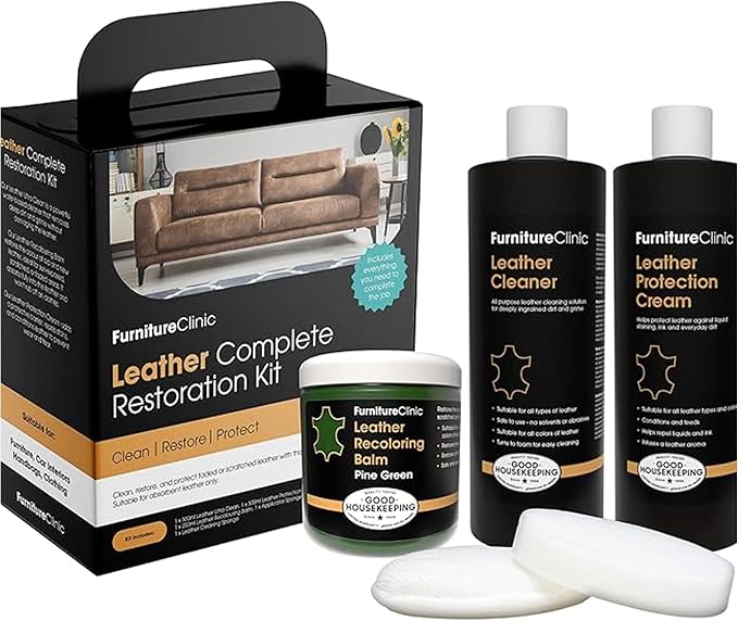 Furniture Clinic Leather Complete Restoration Kit | with Leather Recoloring Balm, Cleaner, 2-in-1 Protection Cream & Conditioner, Sponge, and Cloth | Repair Kit for Furniture (Pine Green)