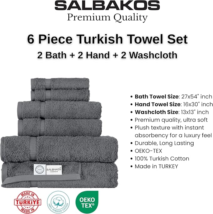 SALBAKOS 100% Turkish Cotton Bathroom Towel Set of 6-Piece, Gray | 630 Gsm Thick Super Soft Highly Absorbent 2 Bath + 2 Hand + 2 Washcloth Towels Sets, Giftable, Hotel Quality, Made in Turkey