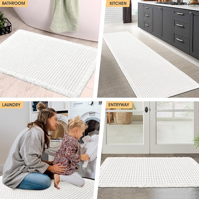 IM HOME Waffle Bath Mat Set 2 Piece White,Woven Modern Bath Rug Mats, Absorbent Non Slip Bath Floor Mat, Soft Washable Boho Bath Rugs with Tassels for Bathroom, Bedroom, Kitchen,Tub