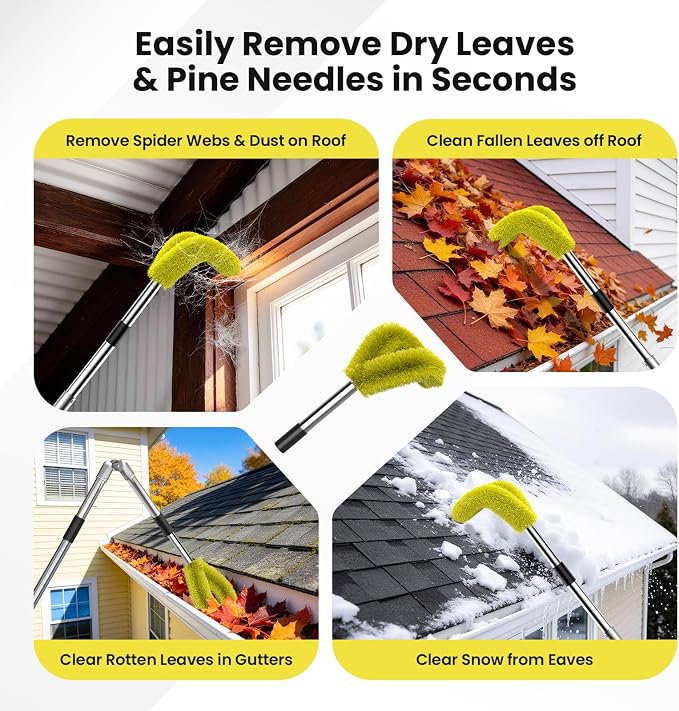 12 FT Gutter Cleaning Tools for Outdoor - Gutter Cleaner Pole with Shovel & Brush for Roof Rain Gutters, Cleans Leaves, Branches & Debris - No Ladder Needed (Yellow)