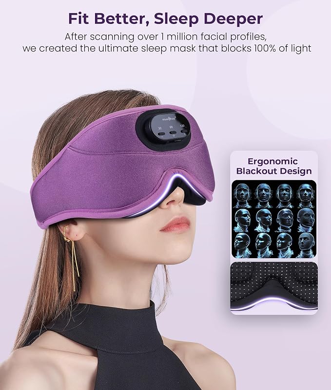 MUSICOZY 3D Bluetooth Sleep Mask with Headphones and Timer, Wireless Sleep Headphones for Side Sleepers, Eye Mask with Bluetooth Headphone, Unique Gifts for Men Women, Purple