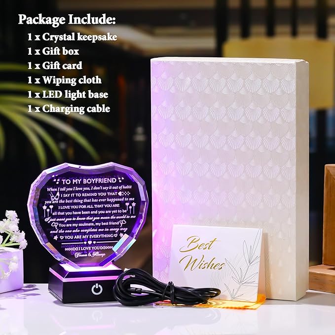 Arikyrist Romantic Gifts for Boyfriend with LED Base Boyfriend Anniversary Birthday Gifts Ideas from Girlfriend Crystal Heart to My Boyfriend I Love You Gift for Him on Valentine's Day Christmas