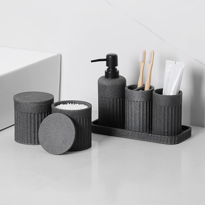 INIUNIK Bathroom Accessory Set - 6 Pieces Bathroom Accessories Set Complete with Soap Dispenser, Toothbrush Holders, Tumbler, Vanity Tray and 2 Qtip Holder for Home Organizer and Decor, Dark Grey