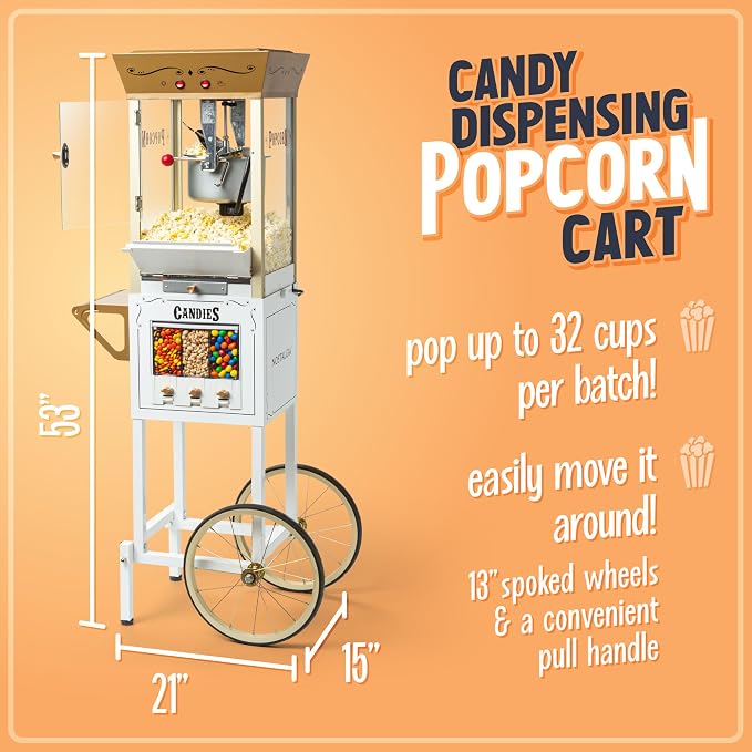 Nostalgia Popcorn Maker Professional Cart, 8 Oz Kettle Makes Up to 32 Cups, Vintage Movie Theater Popcorn Machine with Three Candy Dispensers and Interior Light, Measuring Spoons and Scoop, Ivory