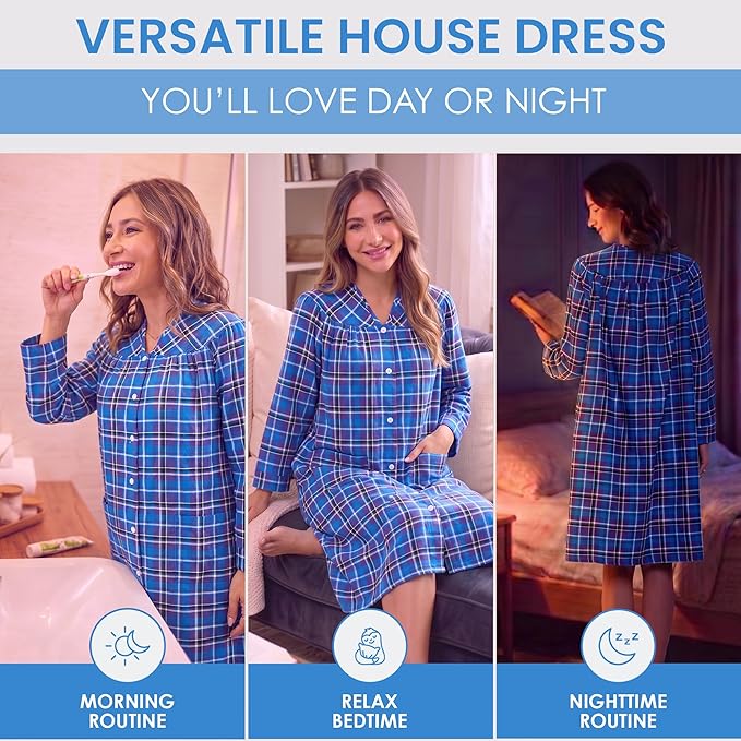 Casual Nights Women's Floral Snap Front Flannel Duster Long Sleeve Lounger Dress