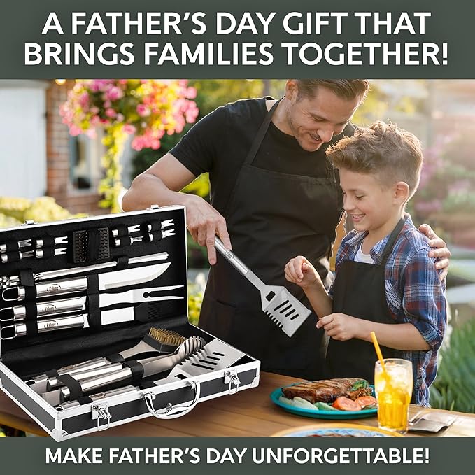 Kaluns Grilling Accessories, Dad Gifts for Fathers Day, Grilling Gifts, Heavy Duty Stainless Steel BBQ Tool Set for Outdoor Grill with Aluminum Case and Apron, Birthday Gifts for Men Women