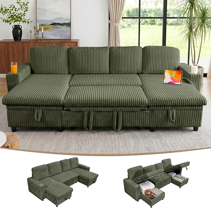 U-Shaped Couch with Pull-Out Bed. Sectional Sleeper Sofa, Green | Hidden Storage, USB & Type-C Port, Cup Holders, Cloud Corduroy, Modular Design for Living Room, Apartment, Easy Assembly