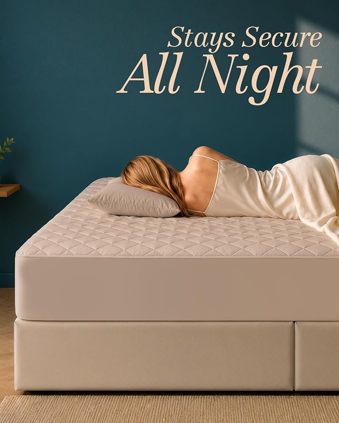 Quilted Fitted Mattress Pad, Full Mattress Protector Topper with Deep Pocket Stretches up to 16 Inches, Machine Washable Mattress Cover by Utopia Bedding (Beige)