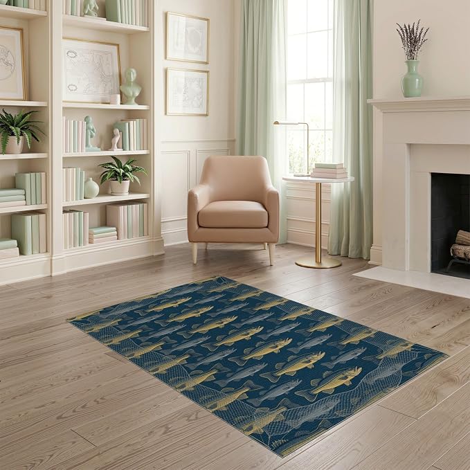 4'x6' Washable Area Rug Bass Repeating Lure Net Border Tackle Motif Angler Fish Fishing Refined Non-Slip Chair-Friendly for Home Office, Gaming Room, Under Desk