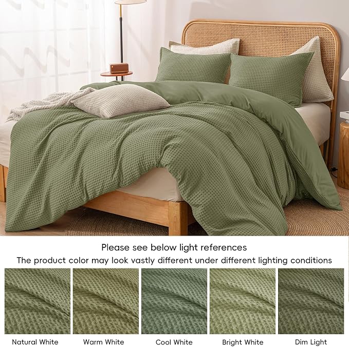 PHF Waffle Weave Duvet Cover Set Queen Size, No Snagging Ultra Soft Luxury Textured Breathable Comforter Cover for All Season 3pcs, Durable Bedding Duvet Set with 2 Pillow Shams, 90"x90", Olive Green