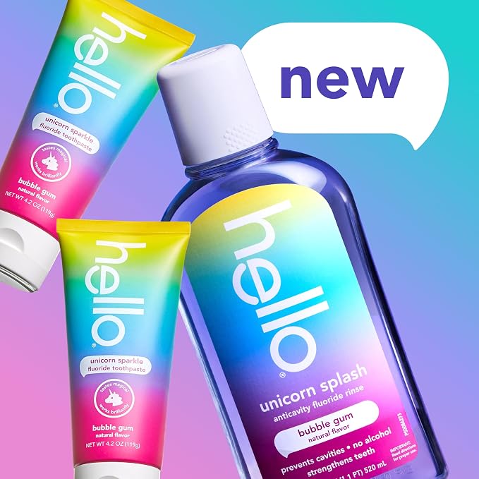 Hello Unicorn Sparkle Kids Toothpaste with Fluoride and Unicorn Splash Kids Mouthwash with Fluoride Bundle Pack, No Alcohol Formula, Natural Flavor Bubblegum Mouthwash and Toothpaste | Natural Bubble Gum Flavor, For Kids Ages 2 and Up, Two 4.2 oz Fluor...