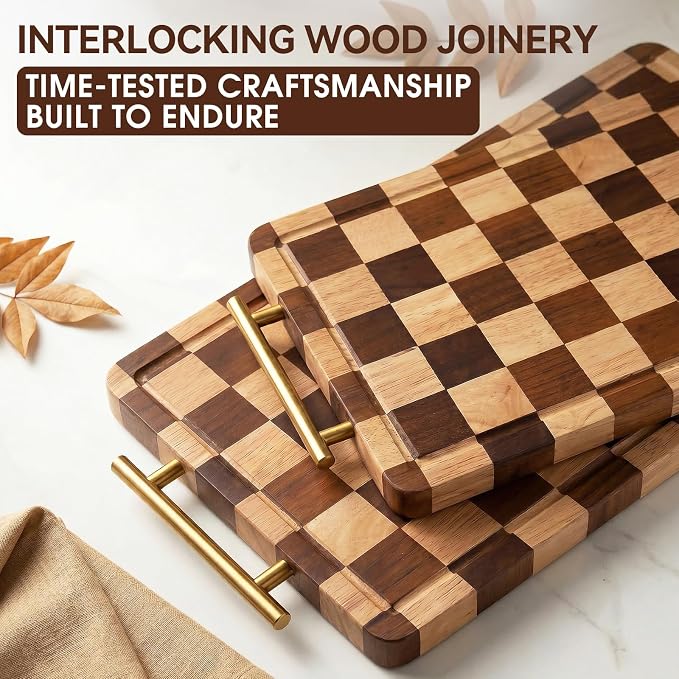 Checkered Cutting Board for Kitchen – 14.9"x 11"x 1.18" Rubber Wood Butcher Block with Juice Groove & Steel Handle, Heavy Duty Non-Slip Chopping Board for Charcuterie, Housewarming Gift
