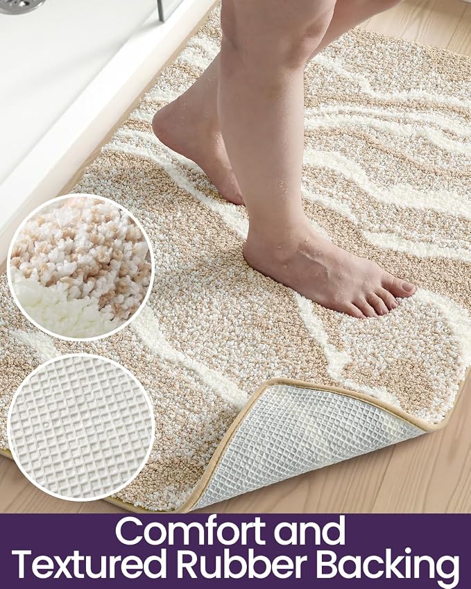 DEXI Bathroom Rug Mat 32x20, Soft and Absorbent Marble Bath Mat, Non Slip Machine Washable Bath Rugs for Shower Floor, Tub, Sink, Beige