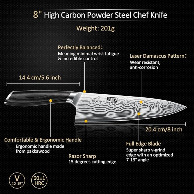 HOSHANHO 8 Pieces Knife Set with Magnetic Block, Ultra Sharp Powder Steel Knife Block Set, Professional Chef Knife Sets with Ergonomic Handle & Knife Sharpener