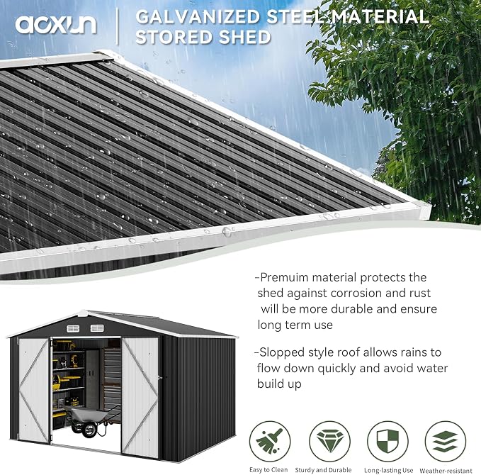 Aoxun 9.8x7.6 FT Shed Outdoor Storage Shed, Black | Metal Shed with Lockable Doors & Slooping Roof Garden Tool Shed for Backyard, Patio, Poolside