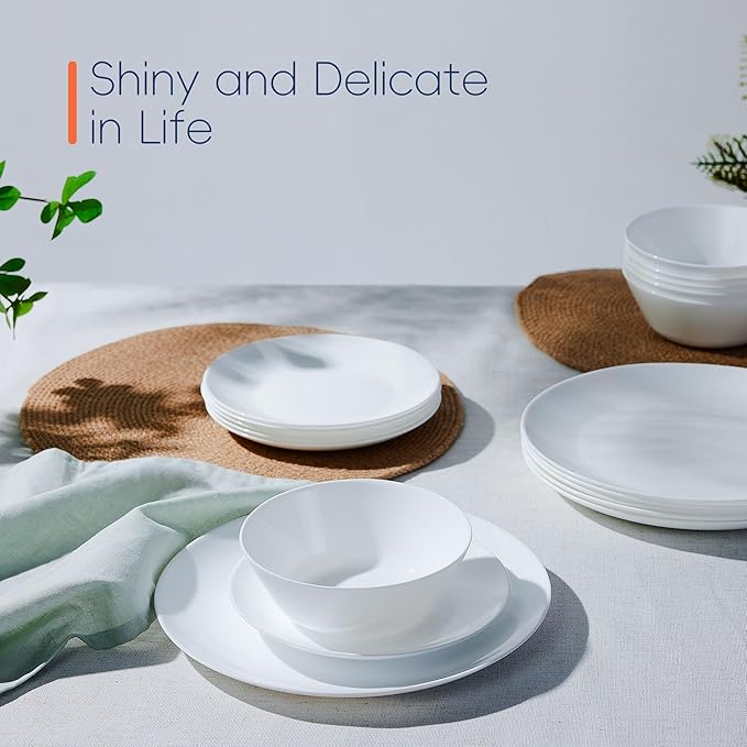 Dinnerware Sets for 6, 18 Piece White Opal Glass Dish Set | Plates and bowls with dishwasher and microwave safe features, chip and scratch resistant dishware for family meals
