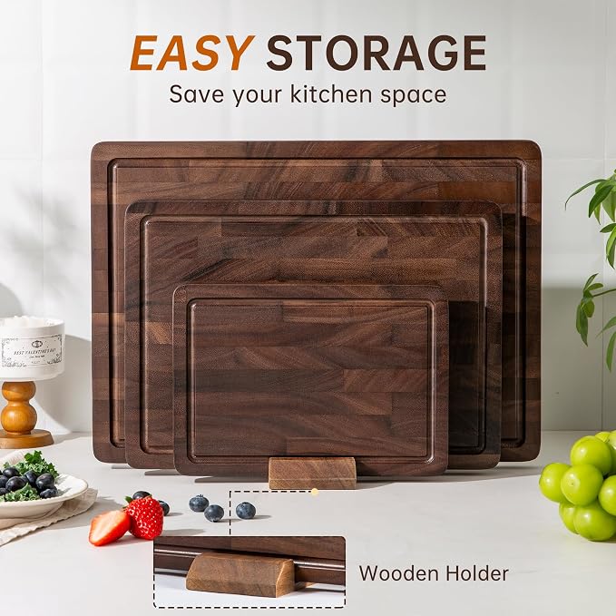 Walnut Wood Cutting Board Set, End Grain Cutting Board for Kitchen | Walnut Wooden Charcuterie Boards, FSC Certified, Non Toxic, Non-Slip Feet, 3 Practical Sizes, Meal Prep & Serving, Gift Box