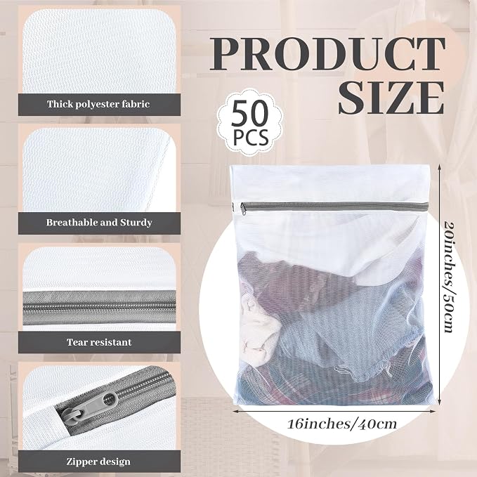 Nuenen 50 Pcs Mesh Laundry Wash Bags with Zipper Machine Washable Lingerie Bags for Washing Delicates Clothes Garment Underwear Blouse Hosiery Socks Travel (16 x 20 Inches,Gray)