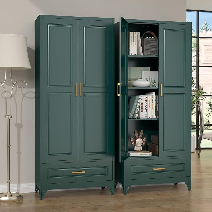 SteeLoong 75" Metal Storage Cabinet with Doors and 3 Adjustable Shelves | Kitchen Pantry Cabinet with Drawer,Green Kitchen Cabinet with 2 Gold Handles,Food Cupboard for Livingroom,Pantry, Bathroom