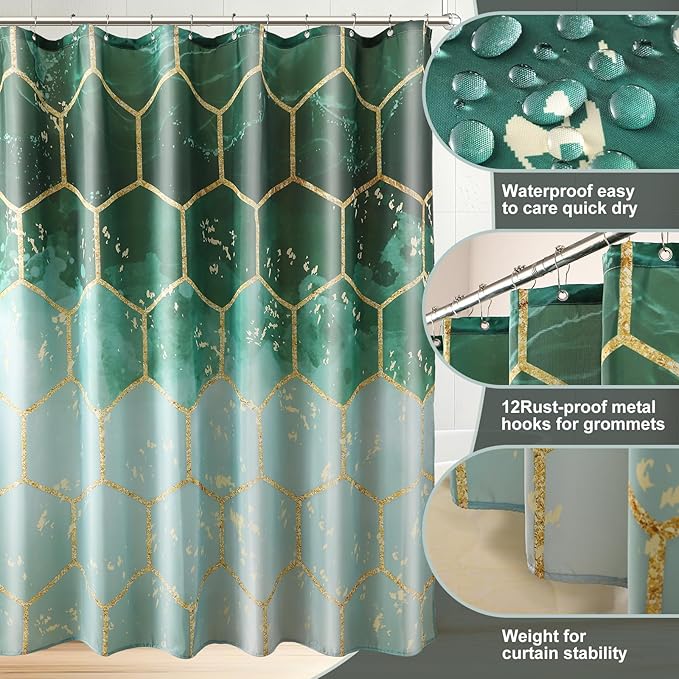 25 Pieces Bathroom Set Green and Gold Bathroom Accessories Set, Shower Curtain and Rugs, Trash Can, Toilet Brush, Soap Dispenser, Soap Dish, Toothbrush Holder, Tumbler, Tray, Qtip Holder