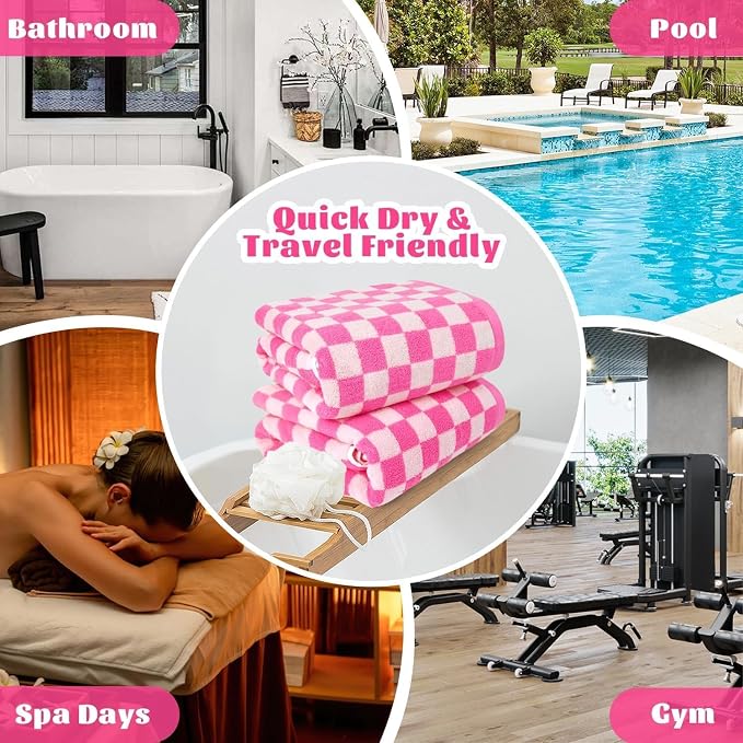 Jacquotha Hot-Pink Checkered Cotton Bath Towels Set of 2 | Cute Aesthetic Bathroom Towels for Women Girls Teens, Bathroom Decor 27.5" x 55"