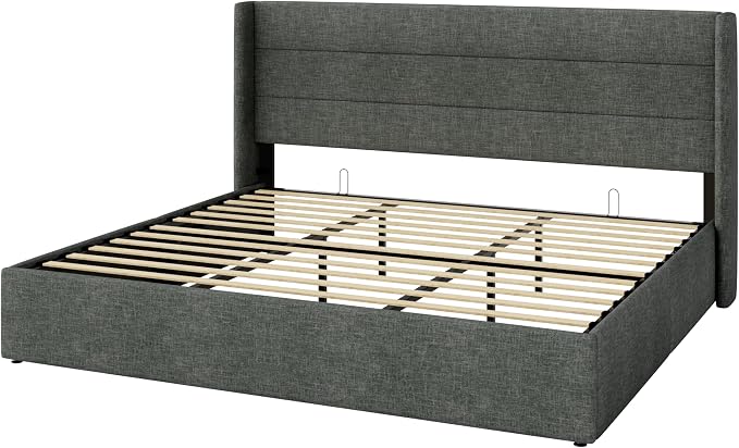 Allewie King Size Lift Up Hydraulic Storage Bed Frame Dark Grey | Modern Wingback Headboard, Hydraulic Support Storage, No Box Spring Needed