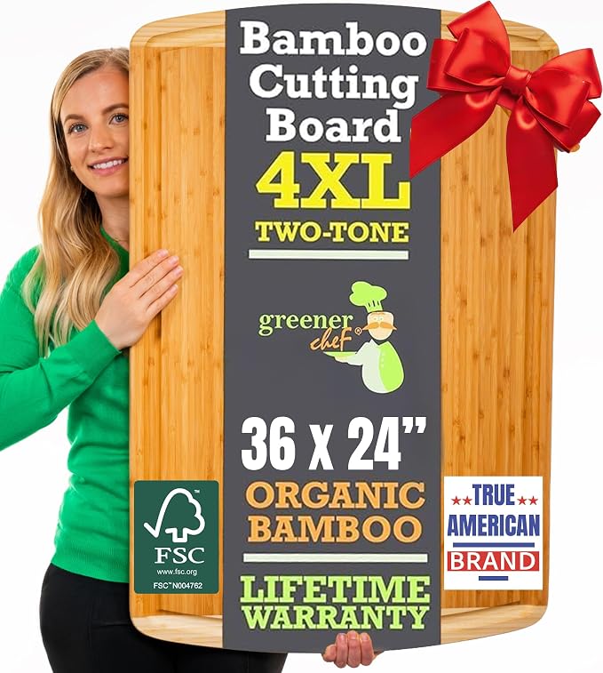 GREENER CHEF 36 x 24 Inch Extra Large Bamboo Cutting Board with Lifetime Replacements – 4XL Butcher Block, Oversized Carving & Charcuterie Board, Stovetop Cover for Kitchen Counter Space