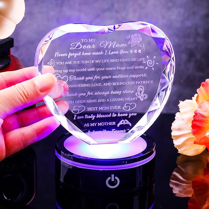 Arikyrist Gifts for Mom with Colorful LED Base Unique Moms Birthday Gifts from Daughter Son Crystal Heart Keepsakes to My Mom Gift for Mother's Day Thanksgiving Best Mother Ever Presents
