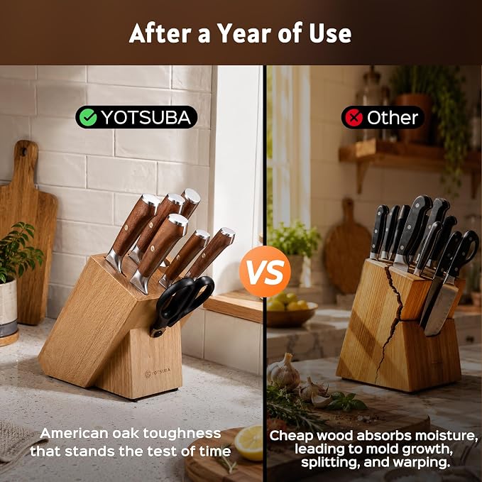 YOTSUBA 8PCS Japanese Style Natural Rosewood Knife Set with Block | High Carbon Stainless Steel, Ultra Sharp, Full Tang Construction, Poke-Proof Construction, Ergonomic Kitchen Knives