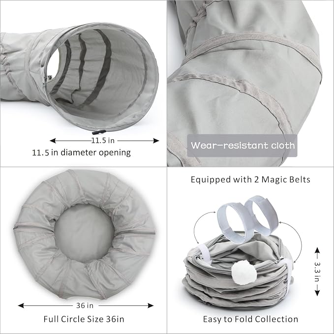 AUOON Cat Tunnel with Bed for Kitten Puppy Rabbit Ferret, Light Grey | 2-in-1 Interactive Cat Toy, with Hanging Ball Toy, Machine Washable Center Pad, 36"L x 36"W x 11.5"H