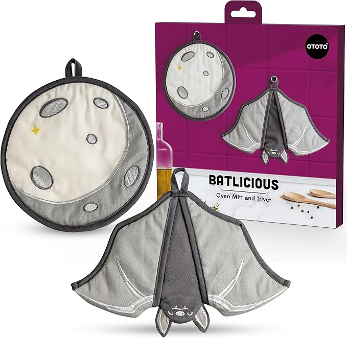 OTOTO Vino Spooky Bat 2-in-1 Wine & Beer Opener, Corkscrew & Bottle Opener, Batlicious Oven Mitts and Pot Holders Sets - Heat Resistant Trivets