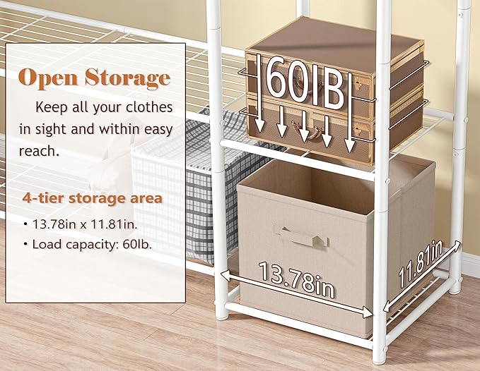 Wardrobe Closet,Portable Clothes Rack with 4 Tiers Shelves,Freestanding Closet Organizers and Storage System with Hanging Rods,Steel Clothing Rack Suitable for Cloakrooms,Bedrooms,Entrances,etc.White