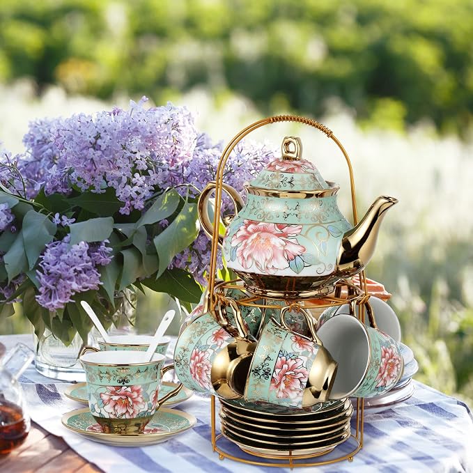 Zhehao 20 Pcs Porcelain Tea Set with Metal Holder and Spoon Adult Ceramic Tea Set European Flower Painting Teapot Cup Saucer Spoon for Women Mom Gift, Large Version (Fresh Style)