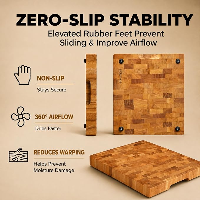SHUMARU Mahogany End Grain Cutting Board, 17×13×1.6 in – Handmade Butcher Block, Knife-Friendly, Juice Groove, Non-Slip Feet