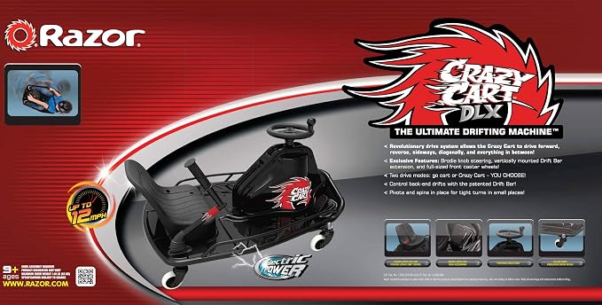 Razor Crazy Cart DLX - 24V Electric Drfting Go Kart - Enhanced Drift Bar, Brodie Knob Steering, Variable Speed, Up to 12 mph,Black/Red