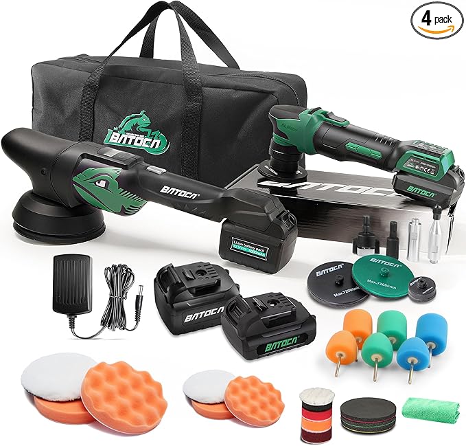 BATOCA S4 Cordless Polisher 3"/1" DA/RO Polisher- Brushless Motor & S2 Cordless Car Buffer - LED Display, 5Ah+2.5Ah Interchangeable 2 Batteries for Car Detailing, Headlight Restoration, PRO Combo Kit