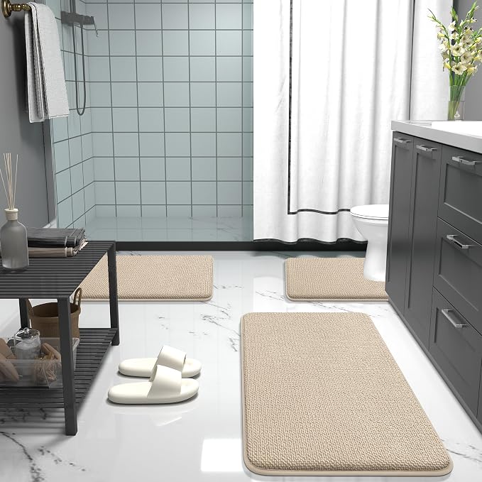 OLANLY Thick Memory Foam Bathroom Rugs 24x20, Absorbent Bath Mat, Beige | Soft Quick Dry Bath Rugs Mats, Non-Slip, Machine Washable Carpet for Bathroom Floor, Tub and Shower, Home Decor Accessories