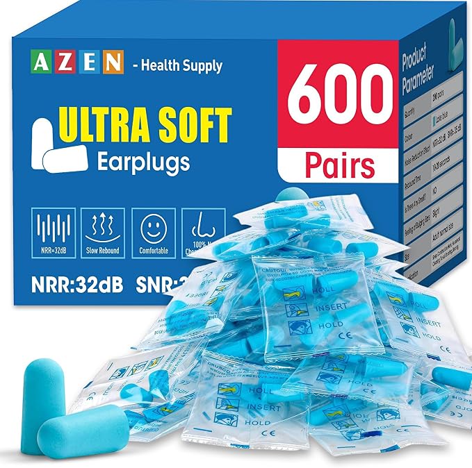 AZEN 600 Pairs Ear Plugs, NRR 32dB Soft Foam Ear Plugs for Sleeping Noise Cancelling, Earplugs for Concerts Shooting Swimming Noise Reduction,Individually Wrapped (Lake Blue)