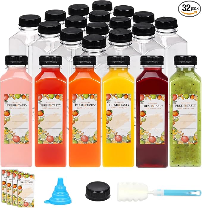 TOMNK 32pcs 16oz Plastic Juice Bottles with Lids, Juice Containers with Caps and Labels, Funnel, Brush, Beverage Containers for Juicing, Smoothies, Tea, Milk